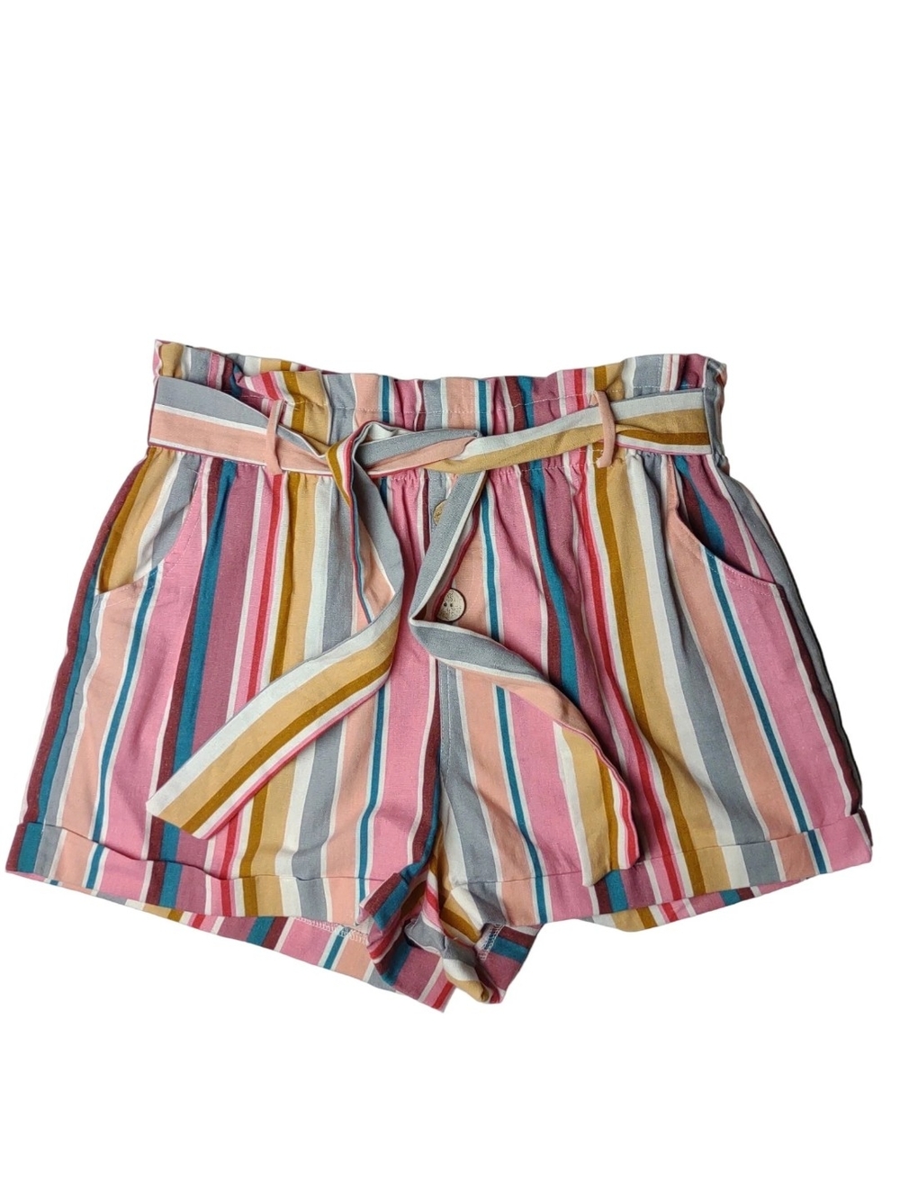 Haute Monde Multicolor Striped High Waist Paperbag Shorts Linen Blend